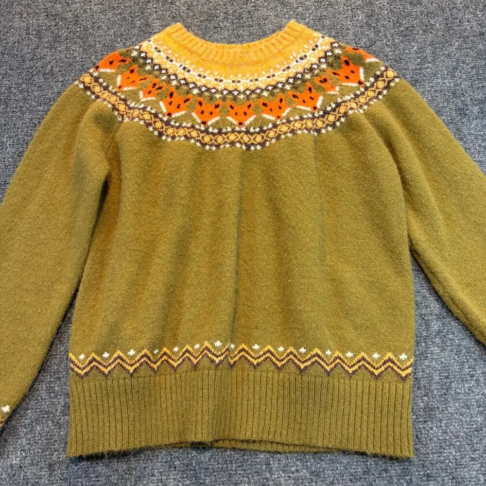 Fair Isle Highland Fox Soft Crewneck Sweater Green Yellow Orange Size Large
